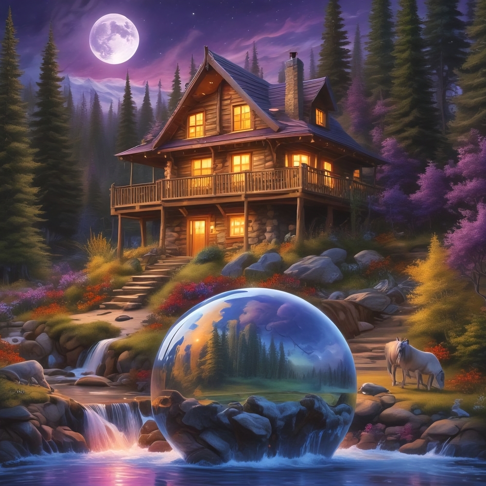 Rustic Cabin Art Print with Enchanting Night Scene